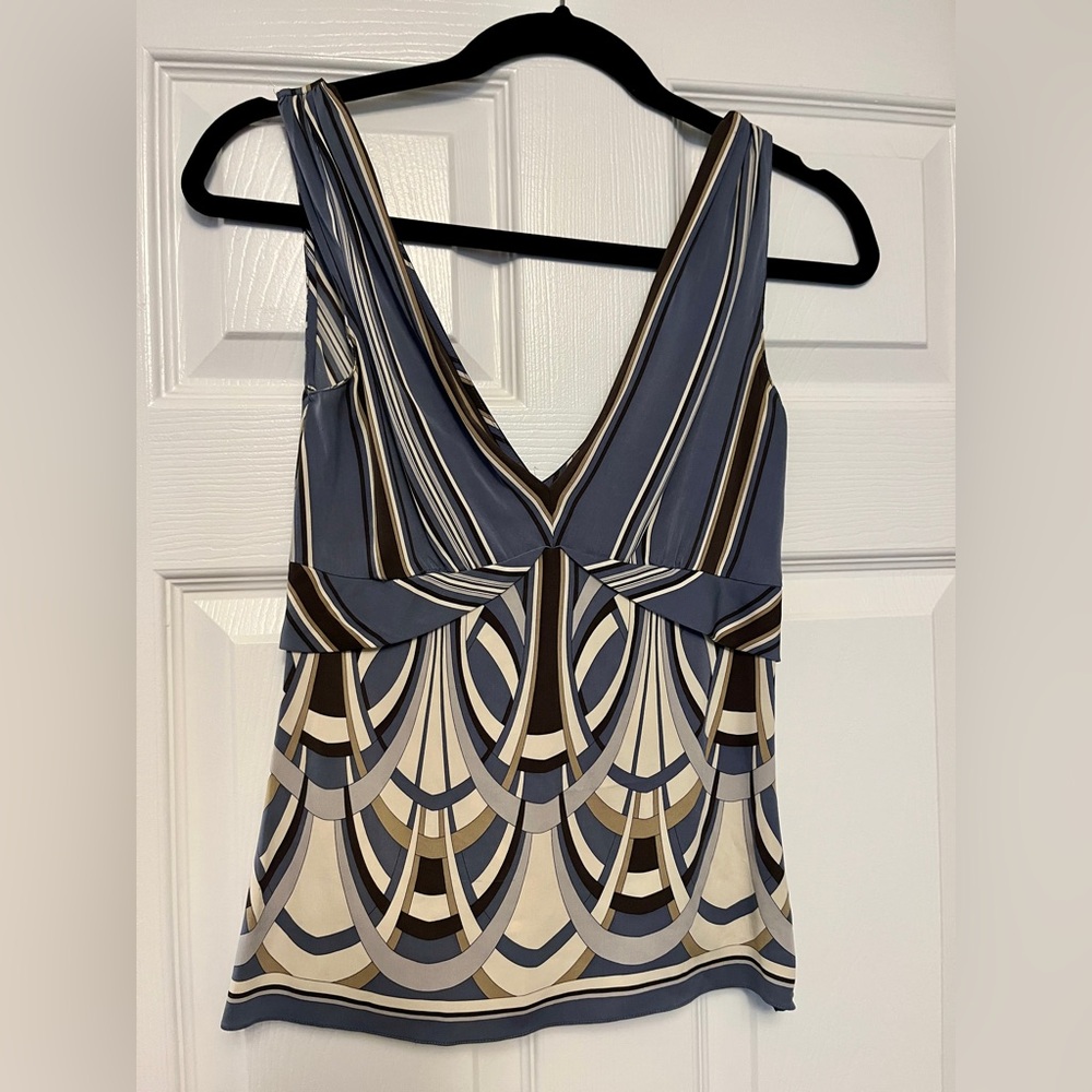 Vintage Elie Tahari Navy, Brown and Cream Striped Detail Top, Size XS